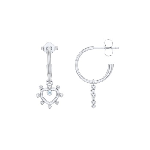 Small Open Hoop Earrings with Beaded Open Heart Charm and Accents – Sterling Silver with Blue Topaz