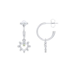 Small Open Hoop Earrings with Beaded Open Heart Charm and Accents in 925 Sterling Silver with Peridot