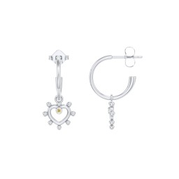 Small Open Hoop Earrings with Beaded Open Heart Charm and Accents in 925 Sterling Silver with Citrine