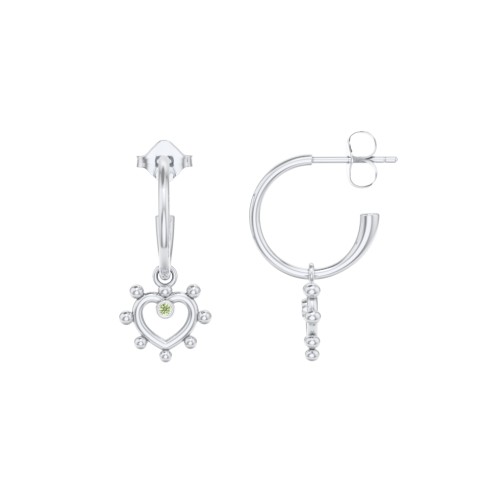 Small Open Hoop Earrings with Beaded Open Heart Charm and Accents – Sterling Silver with Peridot