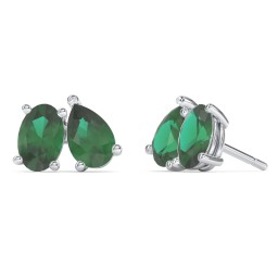 Toi et Moi Oval and Pear Gemstone Stud Earrings in 925 Sterling Silver with Emerald