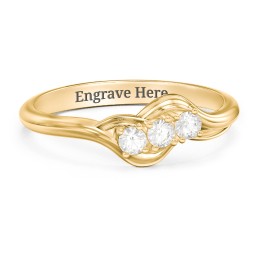 Three Stone Wave Ring in 10K Solid Yellow Gold with Cubic Zirconia