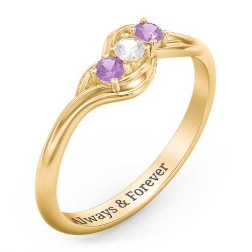 Three Stone Wave Ring – 14K Yellow Gold with Amethyst and Cubic Zirconia