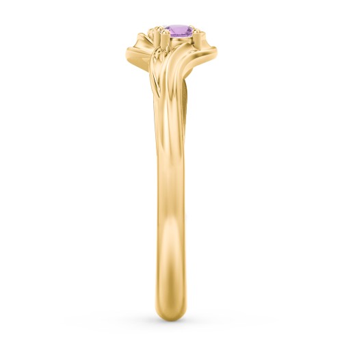 Three Stone Wave Ring – 14K Yellow Gold with Amethyst and Cubic Zirconia