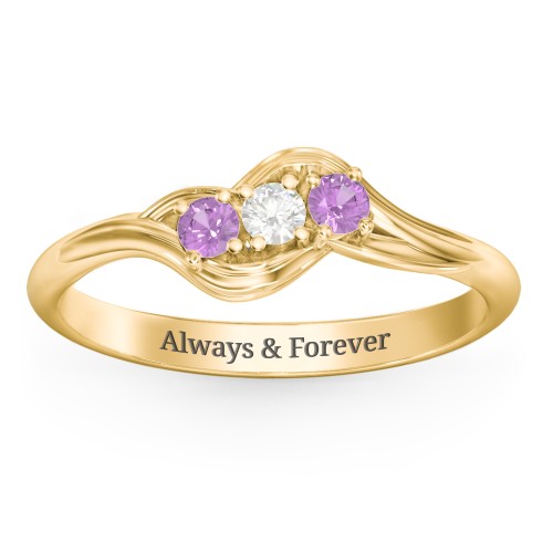 Three Stone Wave Ring – 10K Yellow Gold with Amethyst and Cubic Zirconia