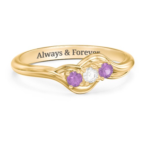 Three Stone Wave Ring – 10K Yellow Gold with Amethyst and Cubic Zirconia