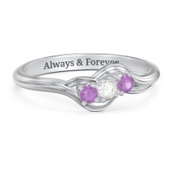 Three Stone Wave Ring – Sterling Silver with Amethyst and Cubic Zirconia