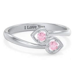Double Heart Bypass Ring in 925 Sterling Silver with Pink Tourmaline