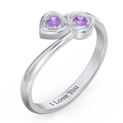 Double Heart Bypass Ring – Sterling Silver with Amethyst