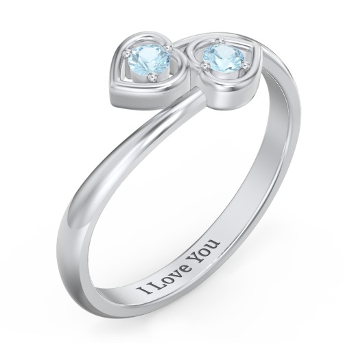 Double Heart Bypass Ring – Sterling Silver with Blue Topaz
