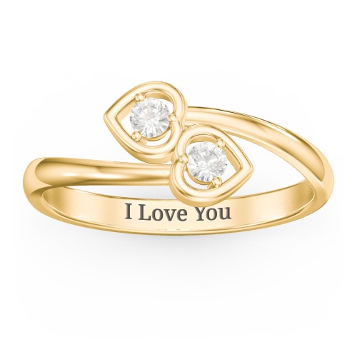 Double Heart Bypass Ring – 10K Yellow Gold with Cubic Zirconia