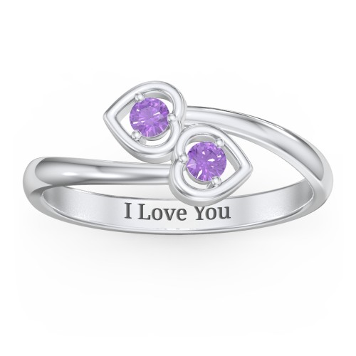 Double Heart Bypass Ring – Sterling Silver with Amethyst