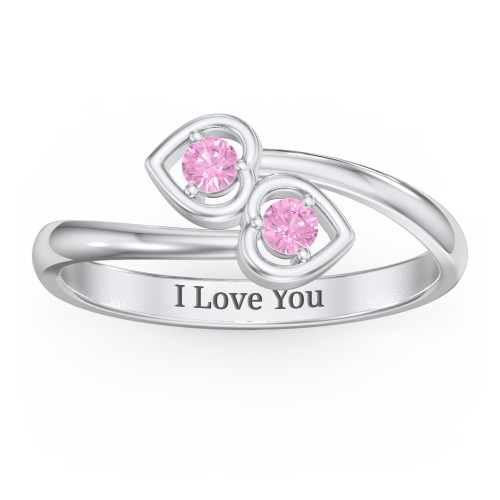 Double Heart Bypass Ring – Sterling Silver with Pink Sapphire