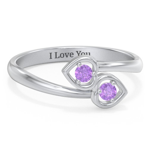 Double Heart Bypass Ring – Sterling Silver with Amethyst