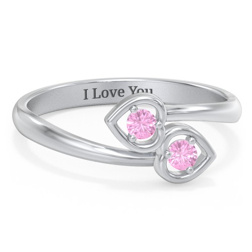 Double Heart Bypass Ring – Sterling Silver with Pink Sapphire