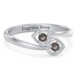 Double Heart Bypass Ring in 925 Sterling Silver with Smokey Quartz