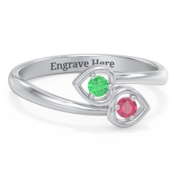 Double Heart Bypass Ring in 925 Sterling Silver with Emerald and Ruby