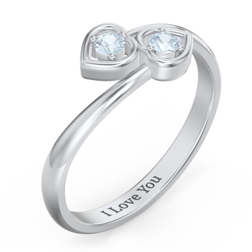 Double Heart Bypass Ring – Sterling Silver with Aquamarine