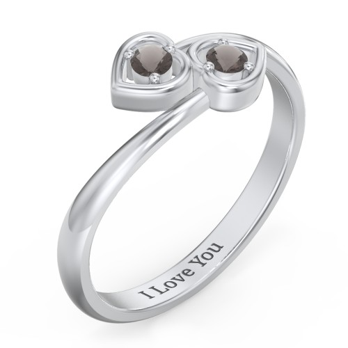 Double Heart Bypass Ring – Sterling Silver with Smokey Quartz