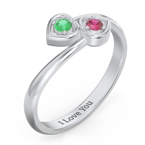 Double Heart Bypass Ring – Sterling Silver with Emerald and Ruby