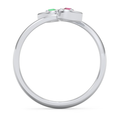 Double Heart Bypass Ring – Sterling Silver with Emerald and Ruby