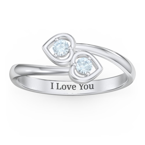 Double Heart Bypass Ring – Sterling Silver with Aquamarine