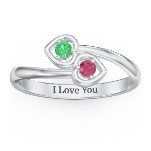 Double Heart Bypass Ring – Sterling Silver with Emerald and Ruby