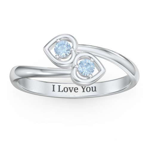 Double Heart Bypass Ring – Sterling Silver with Blue Topaz