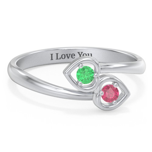 Double Heart Bypass Ring – Sterling Silver with Emerald and Ruby
