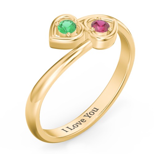 Double Heart Bypass Ring – 10K Yellow Gold with Emerald and Ruby