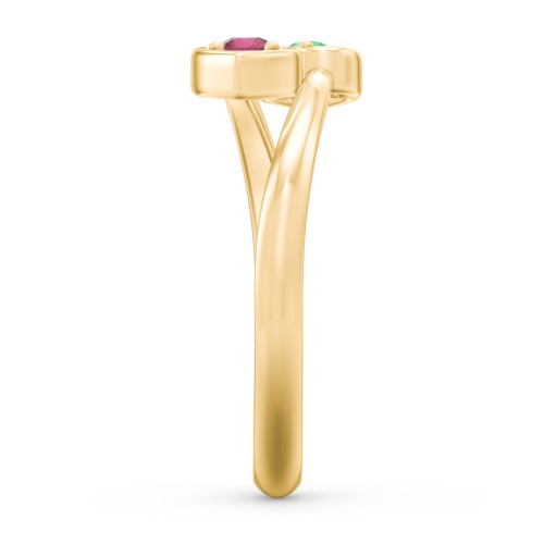 Double Heart Bypass Ring – 10K Yellow Gold with Emerald and Ruby