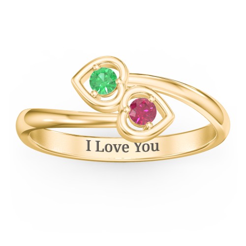 Double Heart Bypass Ring – 10K Yellow Gold with Emerald and Ruby