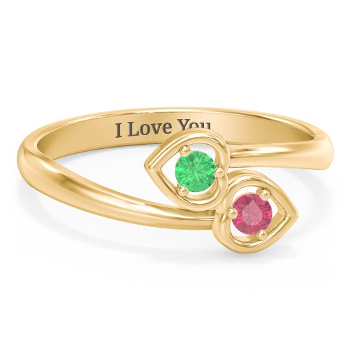 Double Heart Bypass Ring – 10K Yellow Gold with Emerald and Ruby