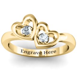 Twin Hearts Ring in 10K Solid Yellow Gold with Cubic Zirconia