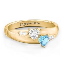 Double Heart Gemstone Ring with Accents in 14K Solid Yellow Gold with Cubic Zirconia and Blue Topaz