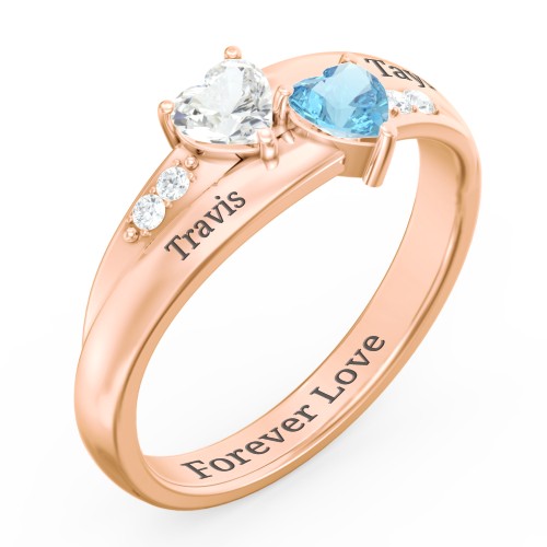 Double Heart Gemstone Ring with Accents – 10K Rose Gold with Cubic Zirconia and Blue Topaz