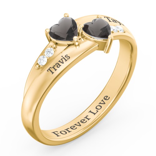 Double Heart Gemstone Ring with Accents – 18K Gold Plated Silver with Smokey Quartz and Cubic Zirconia