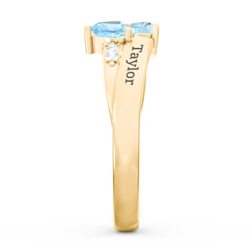 Double Heart Gemstone Ring with Accents – 18K Gold Plated Silver with Blue Topaz and Cubic Zirconia