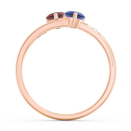 Double Heart Gemstone Ring with Accents – 10K Rose Gold with Garnet, Blue Sapphire, and Cubic Zirconia