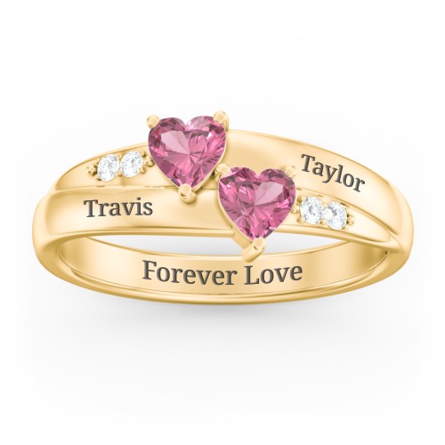Double Heart Gemstone Ring with Accents – 10K Yellow Gold with Pink Tourmaline and Cubic Zirconia