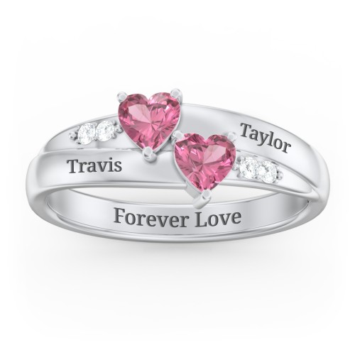 Double Heart Gemstone Ring with Accents – Sterling Silver with Pink Tourmaline and Cubic Zirconia