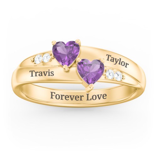 Double Heart Gemstone Ring with Accents – 18K Gold Plated Silver with Amethyst and Cubic Zirconia