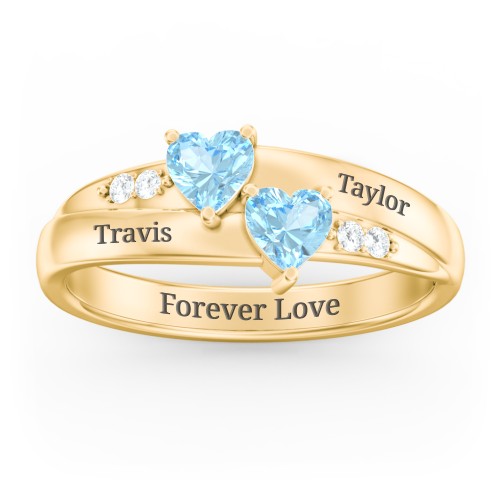 Double Heart Gemstone Ring with Accents – 18K Gold Plated Silver with Blue Topaz and Cubic Zirconia