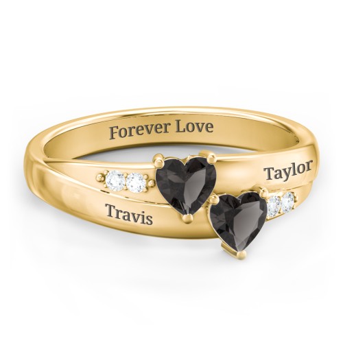 Double Heart Gemstone Ring with Accents – 18K Gold Plated Silver with Smokey Quartz and Cubic Zirconia
