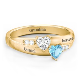 Double Heart Gemstone Ring with Accents in 18K Gold Plated Silver with Cubic Zirconia and Blue Topaz