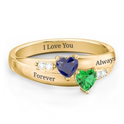 Double Heart Gemstone Ring with Accents in 18K Gold Plated Silver with Blue Sapphire and Emerald