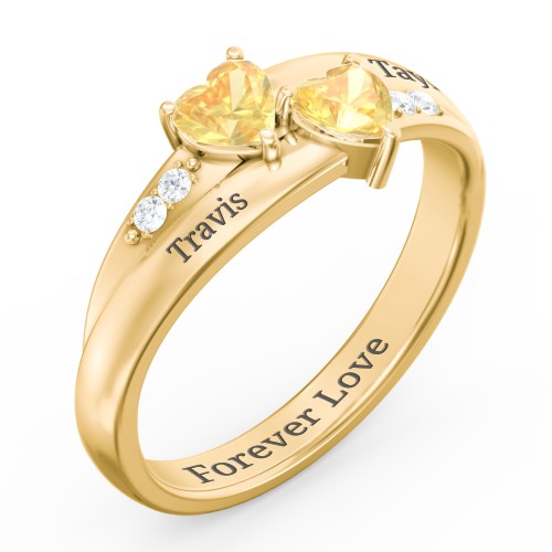Double Heart Gemstone Ring with Accents – 18K Gold Plated Silver with Citrine and Cubic Zirconia