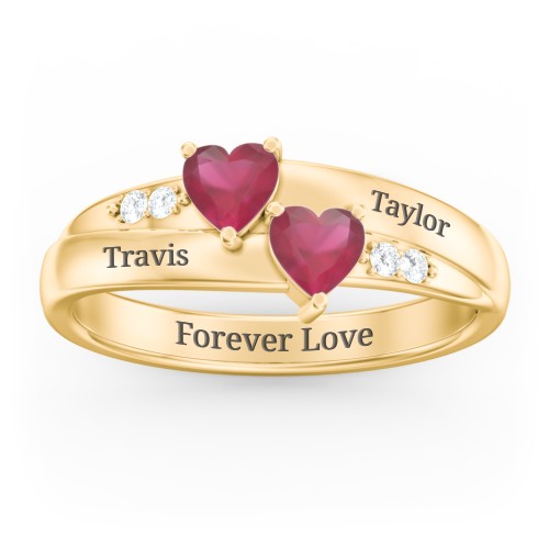 Double Heart Gemstone Ring with Accents – 18K Gold Plated Silver with Ruby and Cubic Zirconia