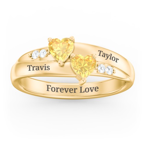 Double Heart Gemstone Ring with Accents – 18K Gold Plated Silver with Citrine and Cubic Zirconia