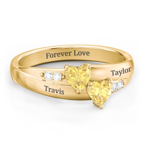 Double Heart Gemstone Ring with Accents – 18K Gold Plated Silver with Citrine and Cubic Zirconia